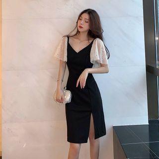 Bell-sleeve V-neck Slit Sheath Dress