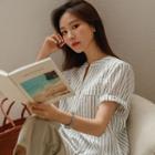 Tab-sleeve Drawstring Stripe Shirt