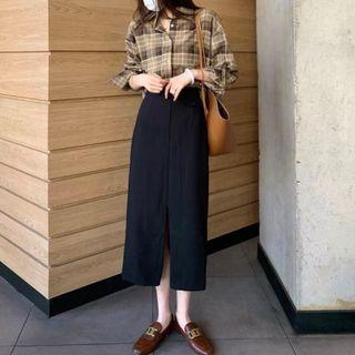 Plaid Shirt / Slit Midi Pencil Skirt