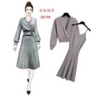 Set: Double-breasted Cardigan + Spaghetti Strap A-line Knit Dress