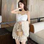 Plain Camisole Top / Lace Light Jacket / Flower Print Mini A-line Skirt