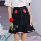 Rose Embroidered Ruffle-hem Skirt