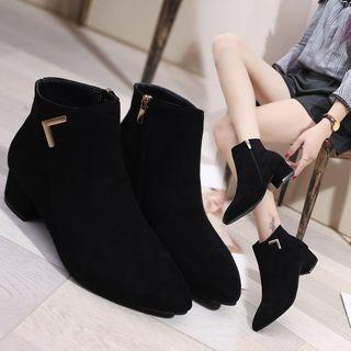Faux Suede V-accent Block Heel Ankle Boots