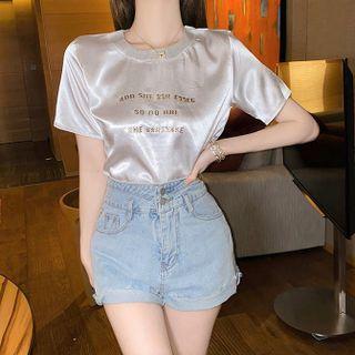Short-sleeve Lettering Satin T-shirt