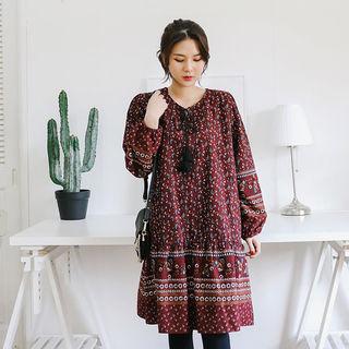 Tassel-neck Bishop-sleeve Paisley Dress