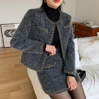 Set: Open-front Chain-trim Jacket + Mini Skirt