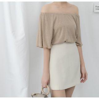 Plain Off Shoulder Elbow Sleeve T-shirt Khaki - One Size