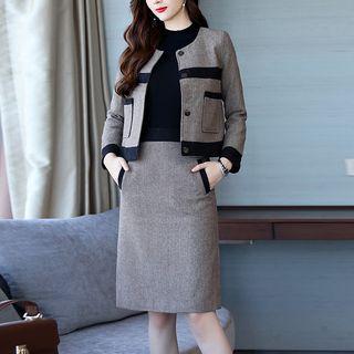 Set: Herringbone Buttoned Jacket + Straight-fit Skirt