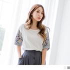 Striped Panel Flower Embroidered Short-sleeve Top