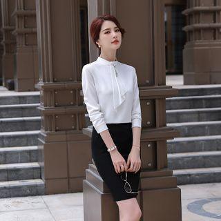 Long-sleeve Blouse / Plaid Boot-cut Pants / Pencil Skirt