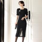 Puff-sleeve Sequined Long Sheath Dress