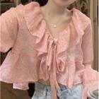 Puff-sleeve Ruffled Blouse Pink - One Size