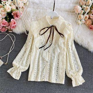 Bow-neck Ruffle-detail Lace Shirt