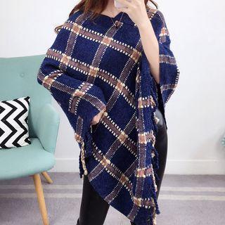 Asymmetrical Plaid Knit Cape