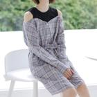 Mock Two-piece Cold Shoulder Long-sleeve Plaid Dress Plaid - One Size