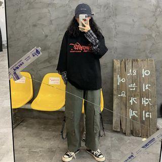 Lettering Short-sleeve T-shirt / Plaid Shirt / Cargo Pants