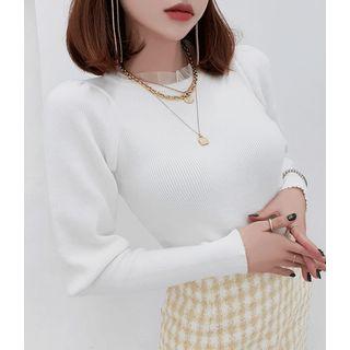 Mutton-sleeve Beribboned Knit Top