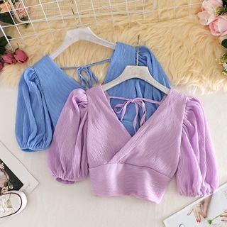 V Neckline Open Back Puff-sleeve Top