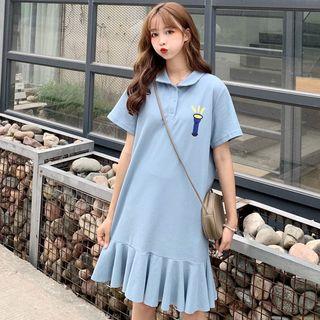 Short-sleeve Cartoon Printed Frill Trim Polo Dress