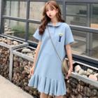 Short-sleeve Cartoon Printed Frill Trim Polo Dress