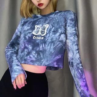 Long-sleeve Tie Dye Butterfly Print Crop T-shirt