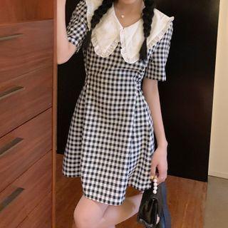 Puff-sleeve Gingham Collar A-line Dress
