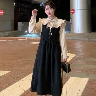 Long-sleeve Peter Pan-collar Shirt / Plain Midi Overall Dress