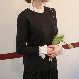 Frilled-neck Crochet-lace Trim Top