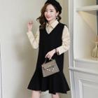 Set: Long-sleeve Shirt + V-neck A-line Pinafore Dress
