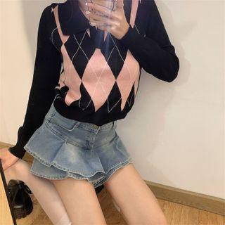 Long-sleeve Argyle Knit Crop Polo Shirt