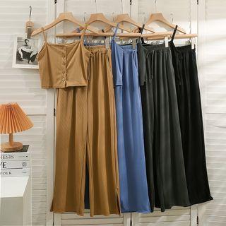 Set: Button-up Crop Top + Drawcord Wide-leg Pants