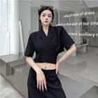 Set: Short-sleeve Wrap Crop Blazer + Midi A-line Skirt Set Of 2 - Blazer & Skirt - Black - One Size