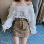 Off-shoulder Lettering Print Sweatshirt / Leopard Print Mini A-line Skirt