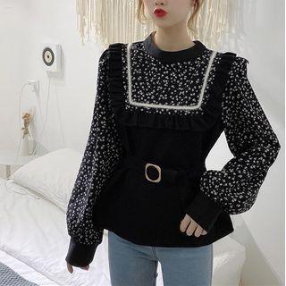 Floral Print Panel Ruffled Blouse