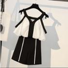 Set: Cold-shoulder Contrast Trim Top + Mini A-line Skirt