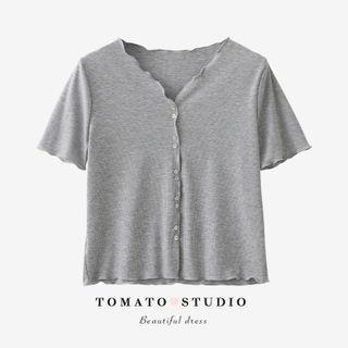 V-neck Plain Ruffle Button-up Cropped Top