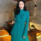 Long-sleeve Mock Neck Midi Tiered Dress