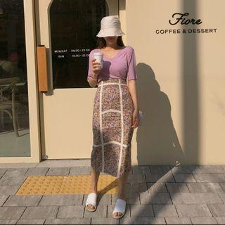 Contrast-trim H-line Floral Skirt