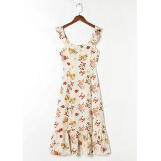 Tie-strap Fruit Print Slit-hem Midi A-line Dress