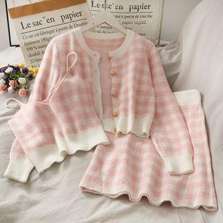 Set: Plaid Camisole Top + Light Cardigan + Mini Skirt