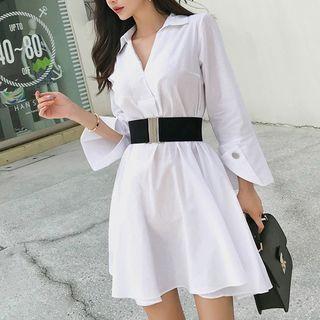 3/4-sleeve Tie-waist Collared Mini A-line Dress