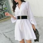 3/4-sleeve Tie-waist Collared Mini A-line Dress