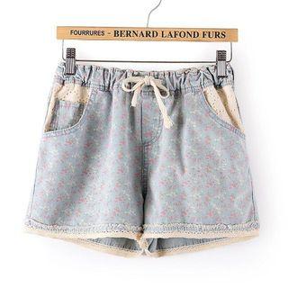 Lace-trim Floral Denim Shorts