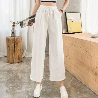 Plain Drawstring-waist Cropped Wide-leg Pants
