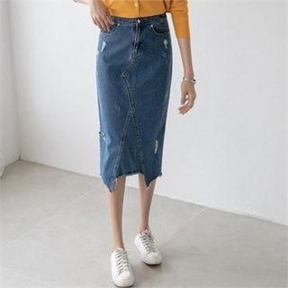 Slit-back Distressed Denim Skirt