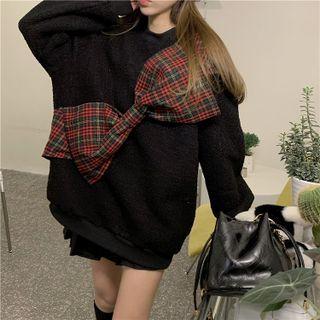 Plaid Bow Accent Fleece Sweatshirt Black - One Size