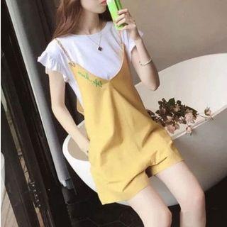 Set: Plain Short Sleeve Frill Trim Tank Top + Spaghetti Strap Playsuit