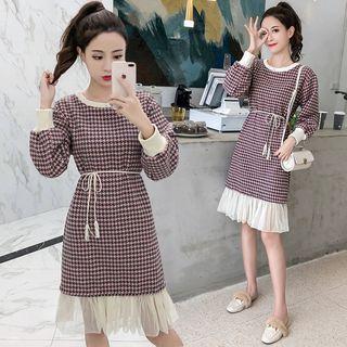 Houndstooth Mesh Hem Sweatshirt Dress