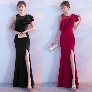 Ruffle Trim Side Slit Evening Gown