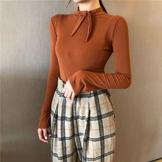 Mock Neck Tie-neck Long-sleeve T-shirt